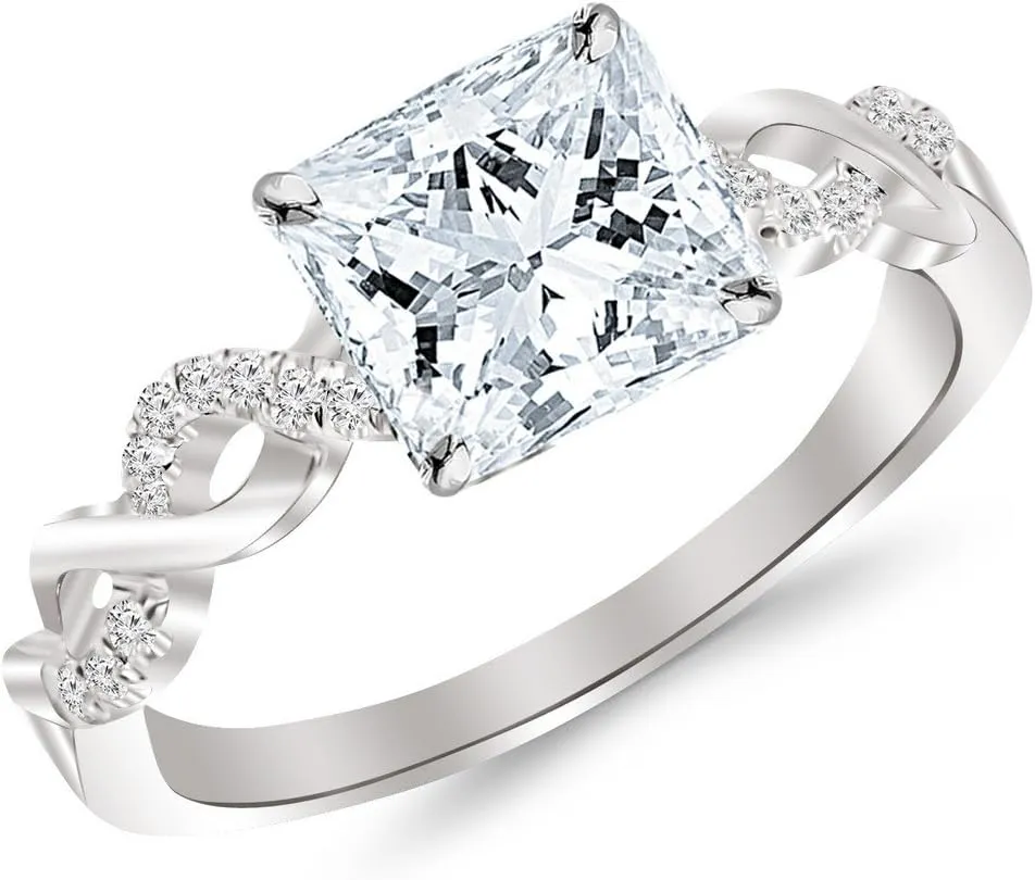 0.46 Carat Princess Cut Twisting Infinity Gold and Diamond Split Shank Pave Set Diamond Engagement Ring (J-K Color, I2 Clarity Center Stones)