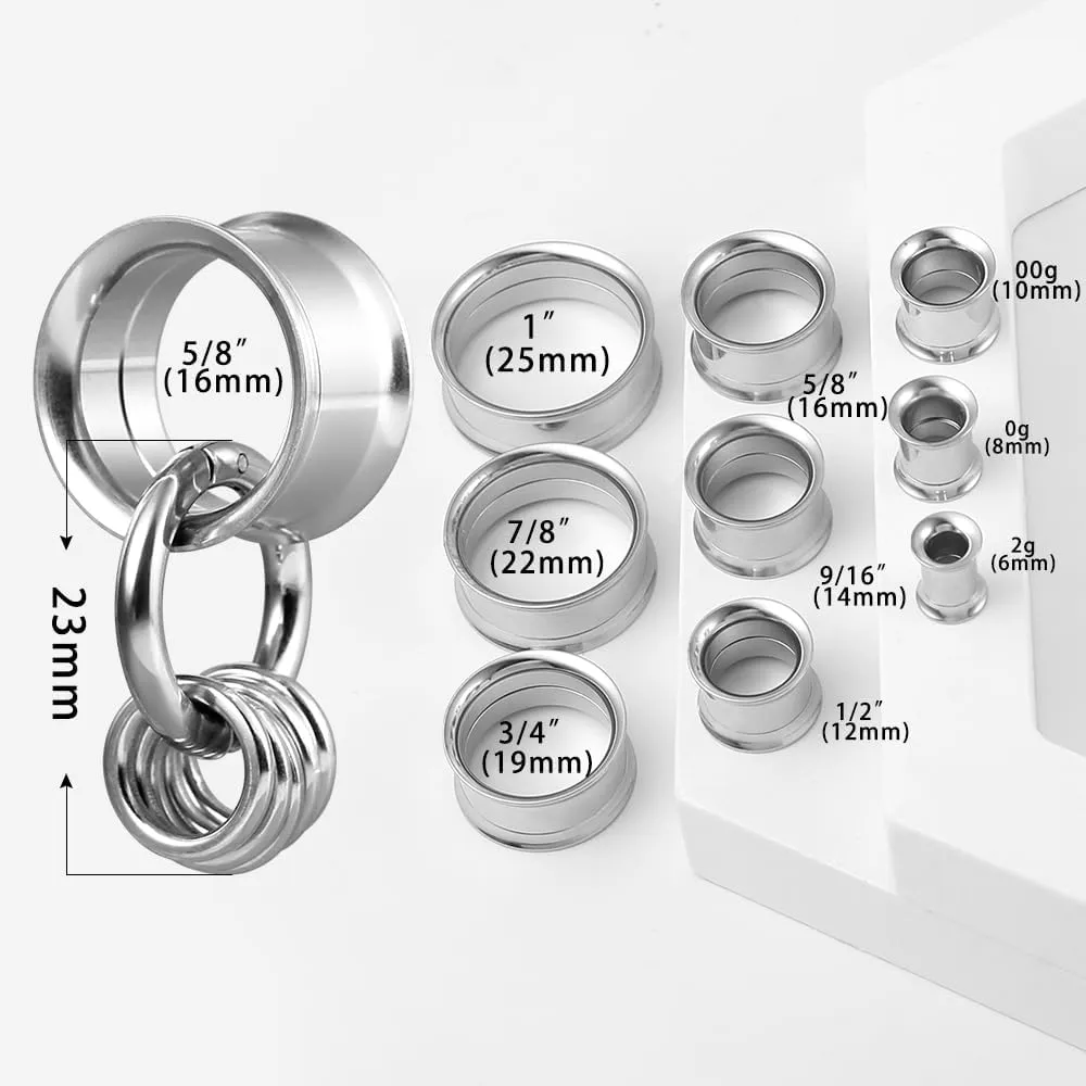 1 Pair Basic gauges 1 big ring 5 small rings Ear Tunnels Plugs 316 Stainless Steel Ear Gauges Weight Saddle Plugs Hypoallergenic expander Piercing Body Jewelry 00g 0g-1''