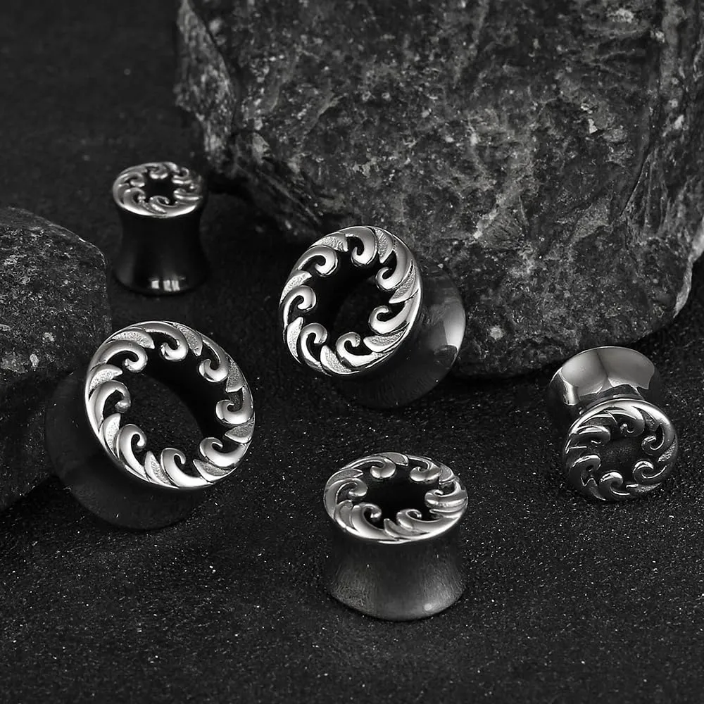 1 Pair Classic Ear Gauges ocean waves design for Stretched Ears Hypoallergenic 316 Stainless Steel Ear cuff Tunels plugs 00G 8mm-16mm(0G-5/8'') Body Piercing Jewelry