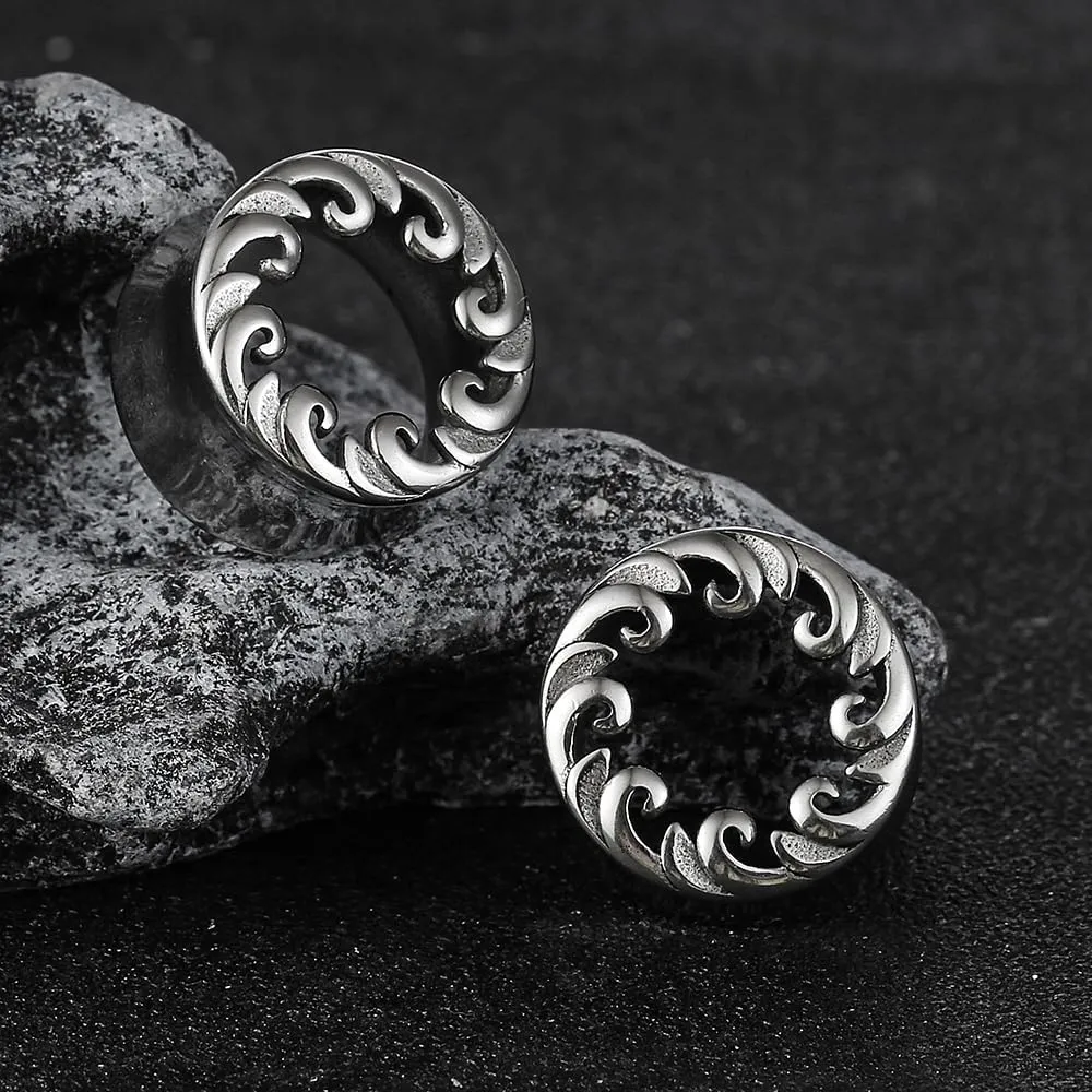 1 Pair Classic Ear Gauges ocean waves design for Stretched Ears Hypoallergenic 316 Stainless Steel Ear cuff Tunels plugs 00G 8mm-16mm(0G-5/8'') Body Piercing Jewelry