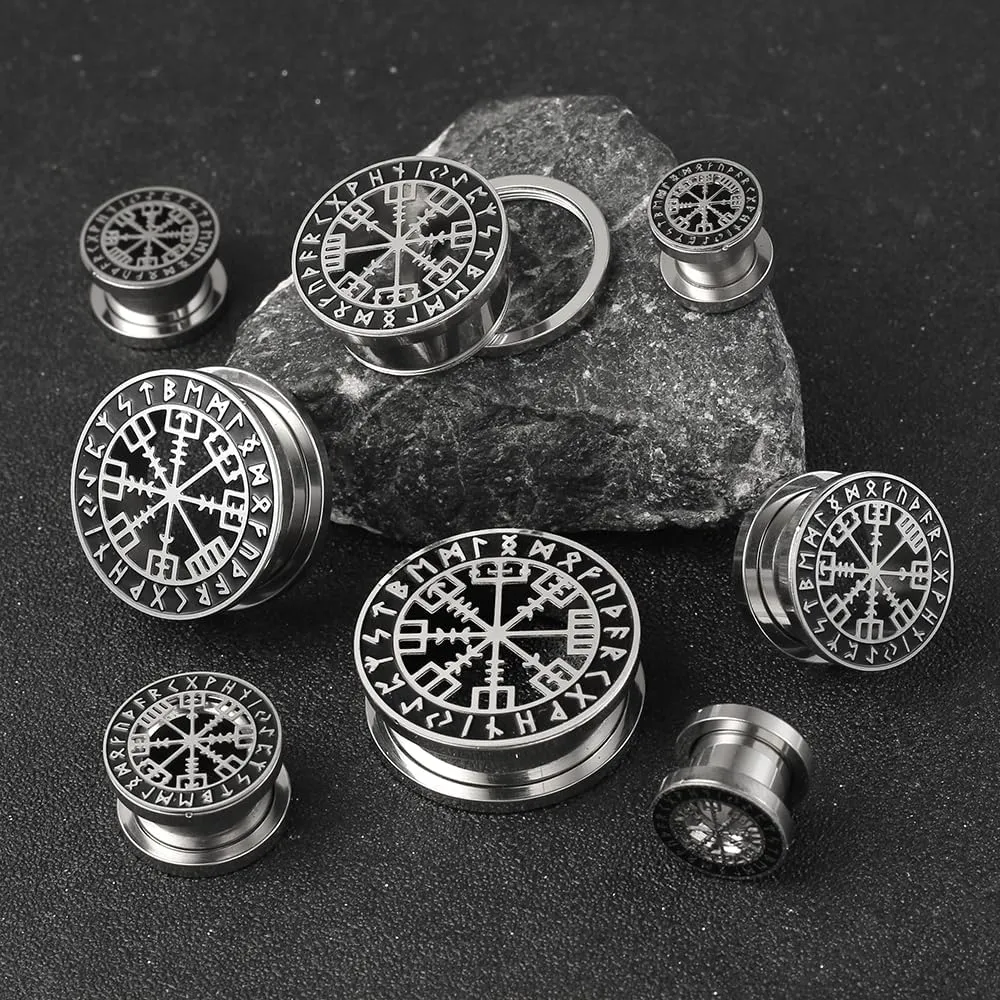 1 Pair Cute gauges with Norse Viking Rune Ear Tunnels Plugs 316 Stainless Steel Ear Gauges Weight Saddle Plugs Hypoallergenic expander Piercing Body Jewelry for women and men