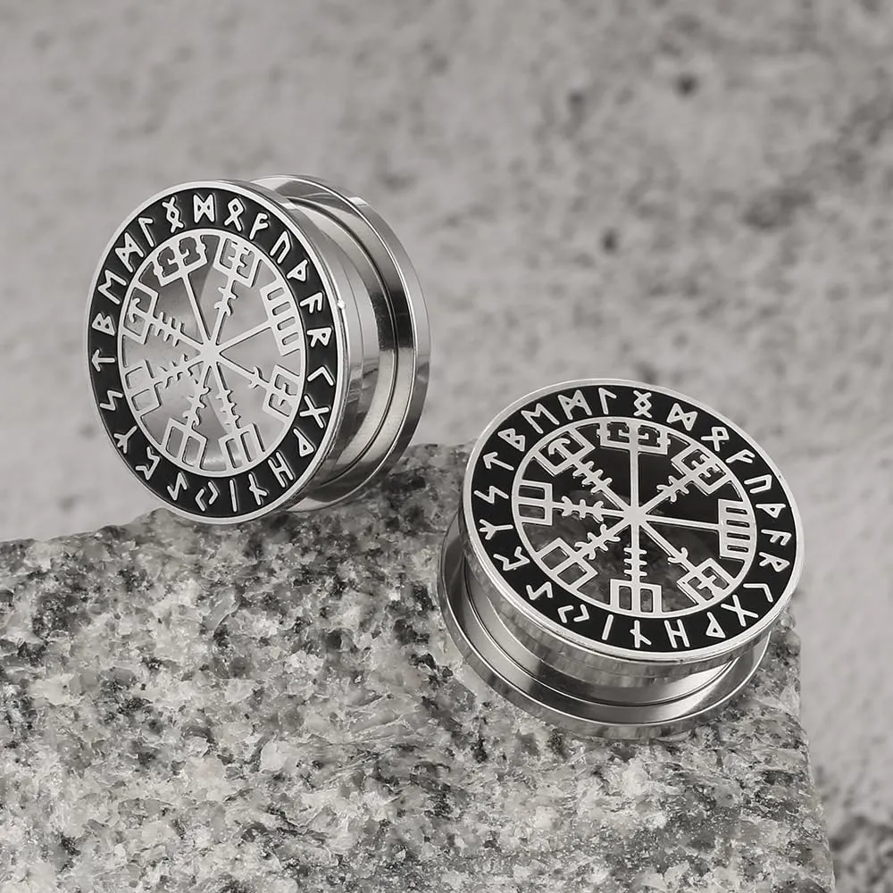 1 Pair Cute gauges with Norse Viking Rune Ear Tunnels Plugs 316 Stainless Steel Ear Gauges Weight Saddle Plugs Hypoallergenic expander Piercing Body Jewelry for women and men