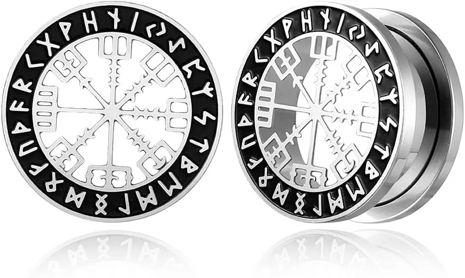 1 Pair Cute gauges with Norse Viking Rune Ear Tunnels Plugs 316 Stainless Steel Ear Gauges Weight Saddle Plugs Hypoallergenic expander Piercing Body Jewelry for women and men