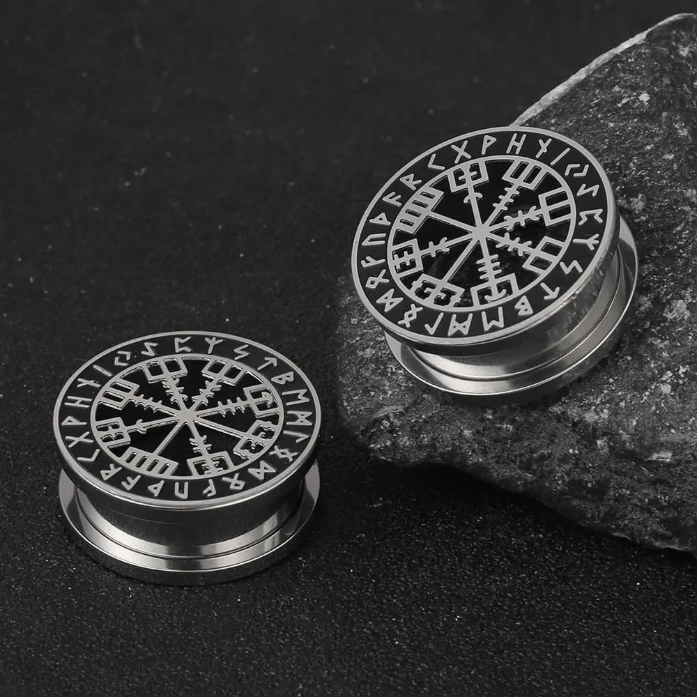 1 Pair Cute gauges with Norse Viking Rune Ear Tunnels Plugs 316 Stainless Steel Ear Gauges Weight Saddle Plugs Hypoallergenic expander Piercing Body Jewelry for women and men