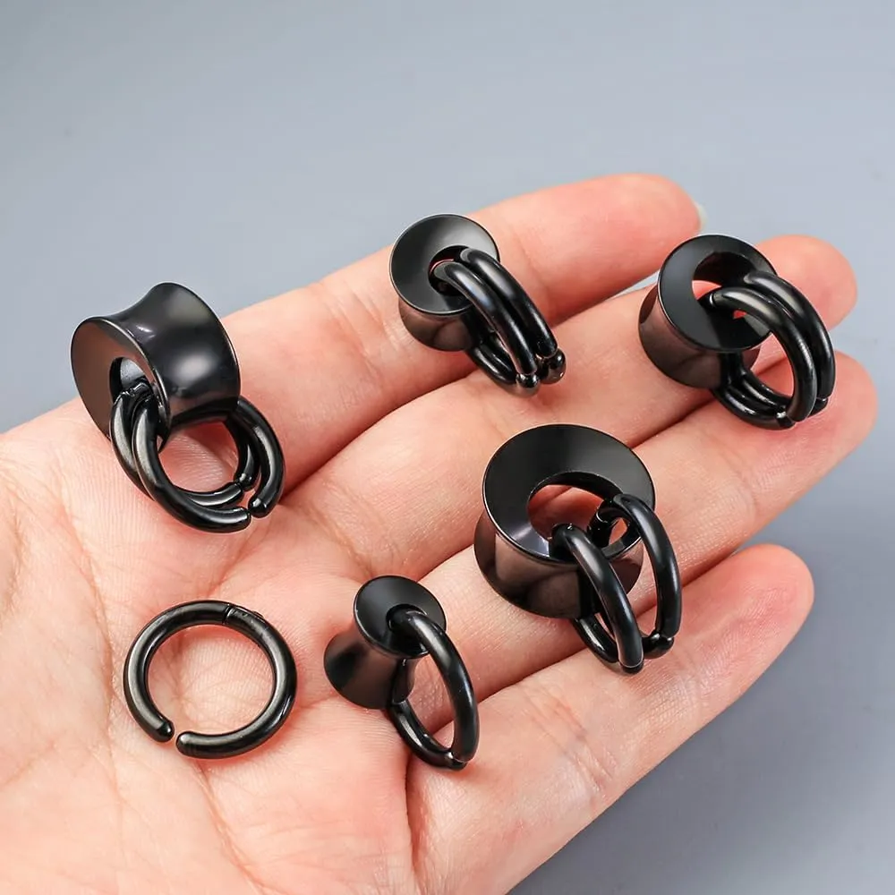1 Pair Hollow gauges with 2 rings Ear Tunnels Plugs 316 Stainless Steel Ear Gauges Weight Saddle Plugs Hypoallergenic expander Piercing Body Jewelry for women and men