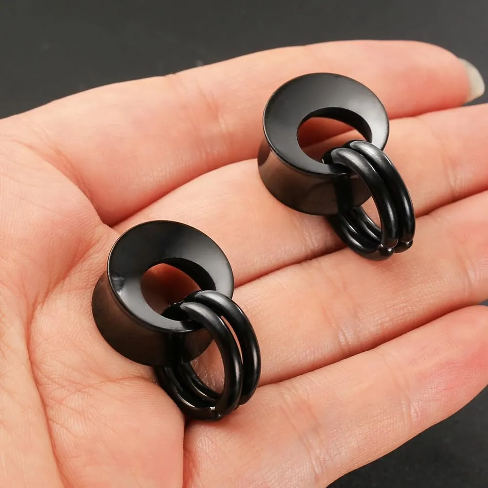 1 Pair Hollow gauges with 2 rings Ear Tunnels Plugs 316 Stainless Steel Ear Gauges Weight Saddle Plugs Hypoallergenic expander Piercing Body Jewelry for women and men
