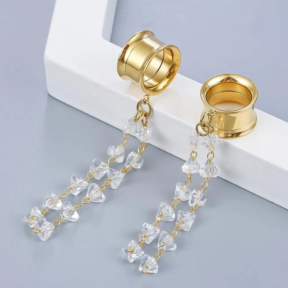 1 Pair saddle gauges crystals chain Dangle earrings Ear Tunnels Plugs 316 Stainless Steel Ear Weight Plugs Hypoallergenic expander Piercing Body Jewelry