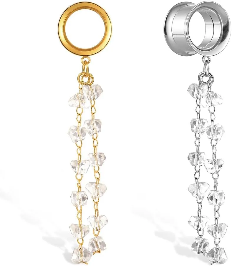 1 Pair saddle gauges crystals chain Dangle earrings Ear Tunnels Plugs 316 Stainless Steel Ear Weight Plugs Hypoallergenic expander Piercing Body Jewelry