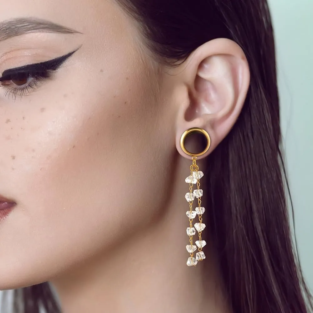 1 Pair saddle gauges crystals chain Dangle earrings Ear Tunnels Plugs 316 Stainless Steel Ear Weight Plugs Hypoallergenic expander Piercing Body Jewelry
