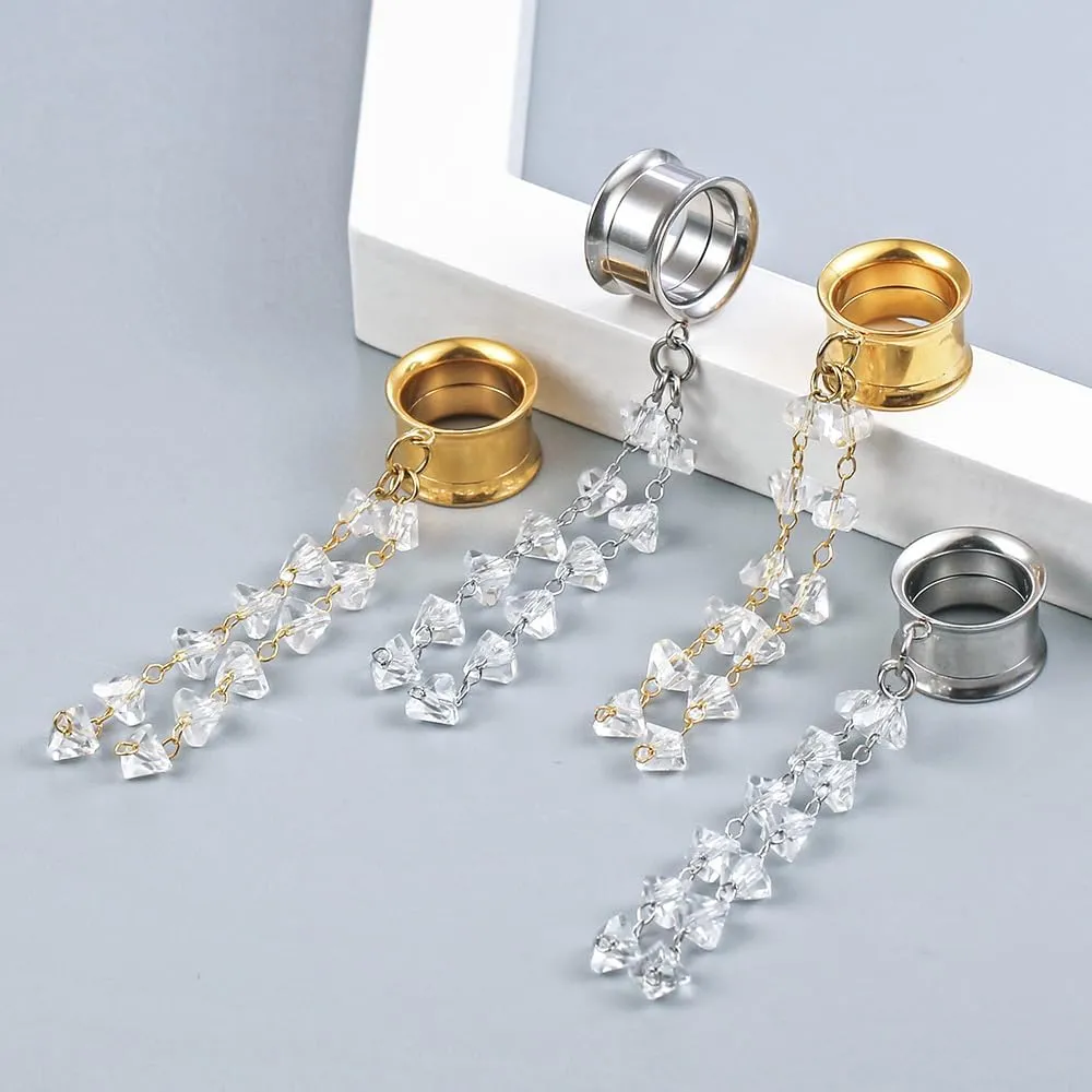1 Pair saddle gauges crystals chain Dangle earrings Ear Tunnels Plugs 316 Stainless Steel Ear Weight Plugs Hypoallergenic expander Piercing Body Jewelry