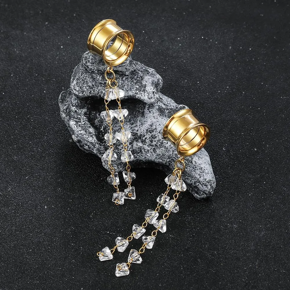 1 Pair saddle gauges crystals chain Dangle earrings Ear Tunnels Plugs 316 Stainless Steel Ear Weight Plugs Hypoallergenic expander Piercing Body Jewelry