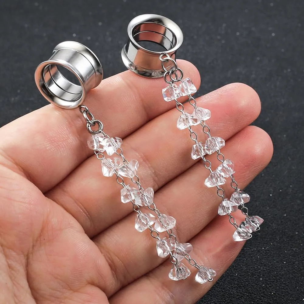 1 Pair saddle gauges crystals chain Dangle earrings Ear Tunnels Plugs 316 Stainless Steel Ear Weight Plugs Hypoallergenic expander Piercing Body Jewelry