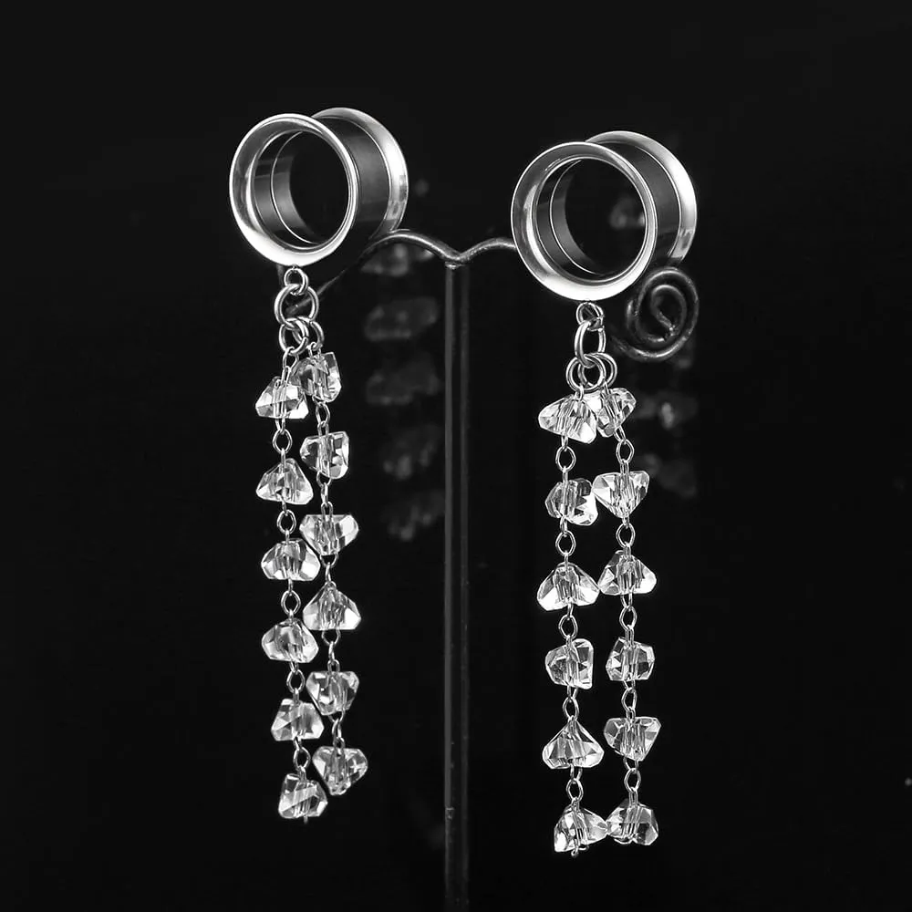 1 Pair saddle gauges crystals chain Dangle earrings Ear Tunnels Plugs 316 Stainless Steel Ear Weight Plugs Hypoallergenic expander Piercing Body Jewelry