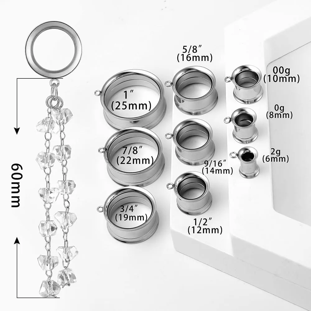 1 Pair saddle gauges crystals chain Dangle earrings Ear Tunnels Plugs 316 Stainless Steel Ear Weight Plugs Hypoallergenic expander Piercing Body Jewelry