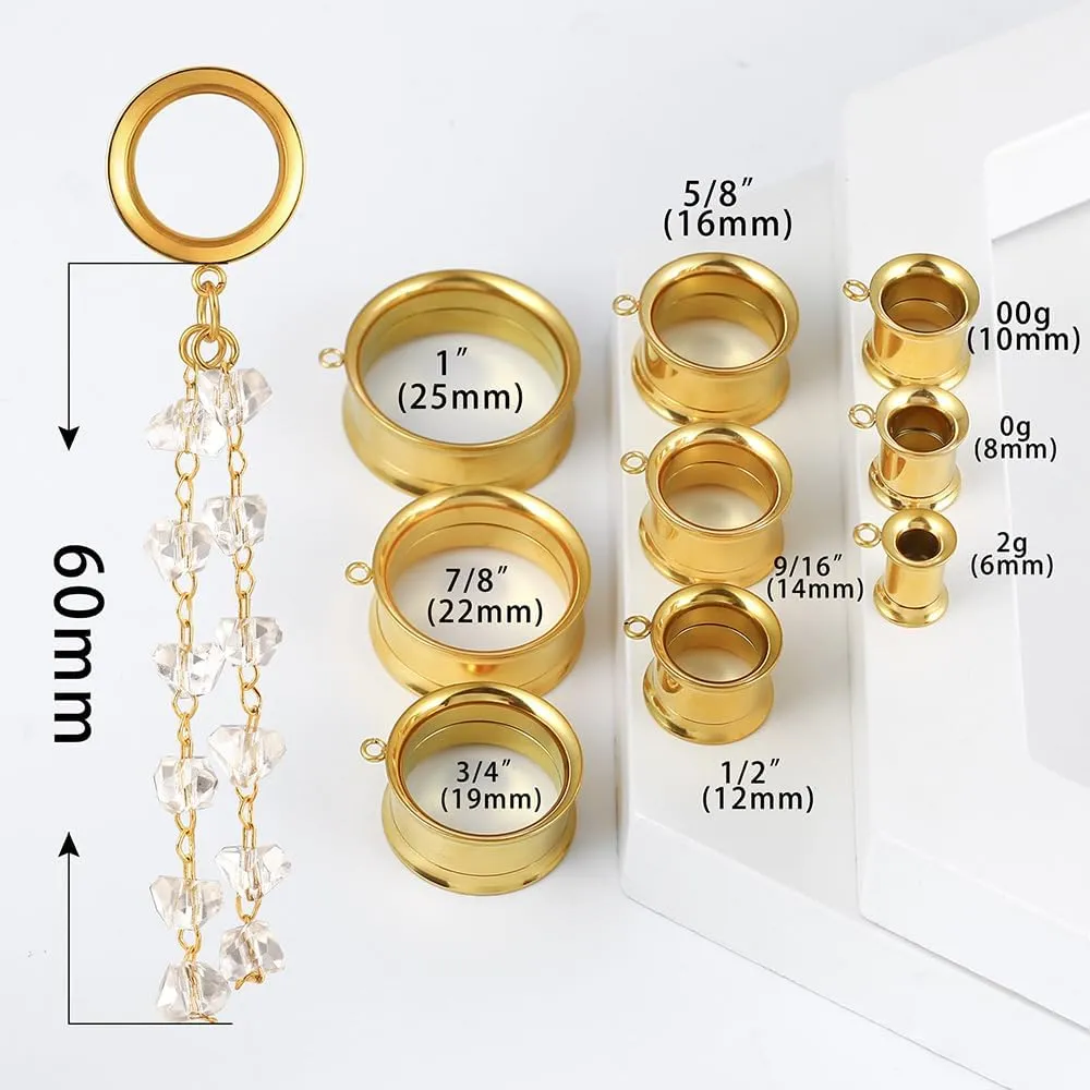 1 Pair saddle gauges crystals chain Dangle earrings Ear Tunnels Plugs 316 Stainless Steel Ear Weight Plugs Hypoallergenic expander Piercing Body Jewelry
