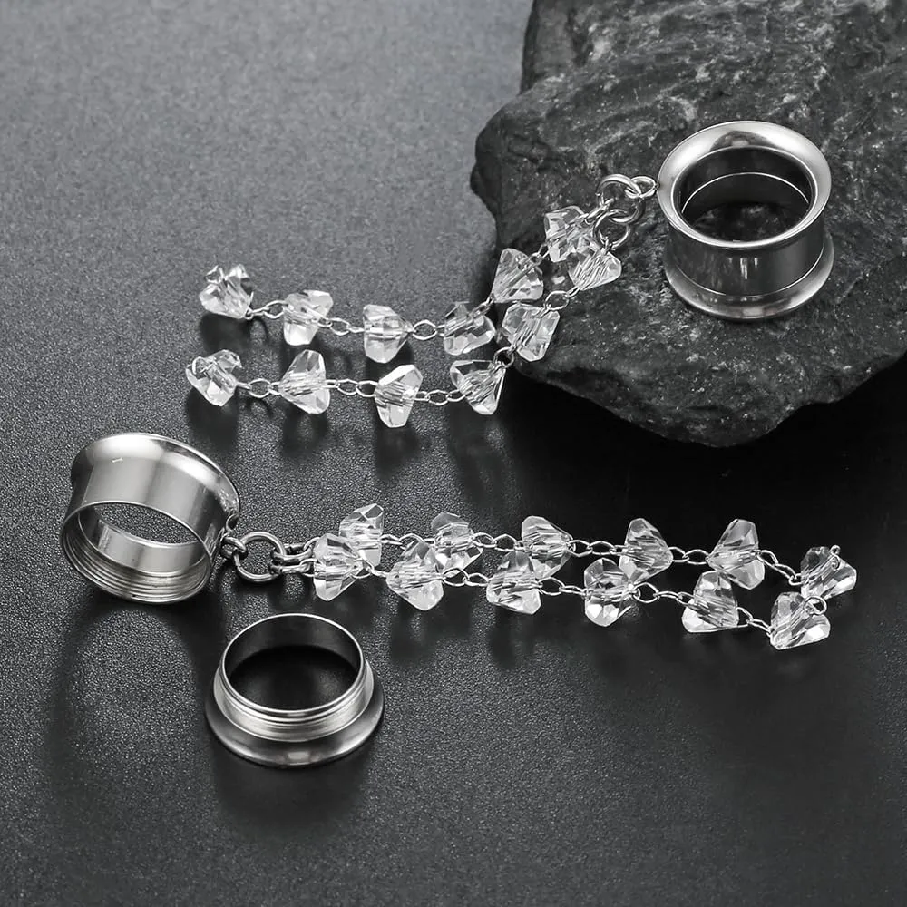 1 Pair saddle gauges crystals chain Dangle earrings Ear Tunnels Plugs 316 Stainless Steel Ear Weight Plugs Hypoallergenic expander Piercing Body Jewelry