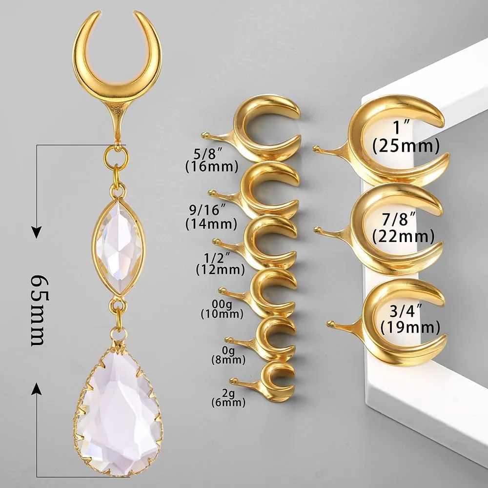 1 Pair saddle gauges Teardrop Crystal Dangle earrings Ear Tunnels Plugs 316 Stainless Steel Ear Weight Plugs Hypoallergenic expander Piercing Body Jewelry