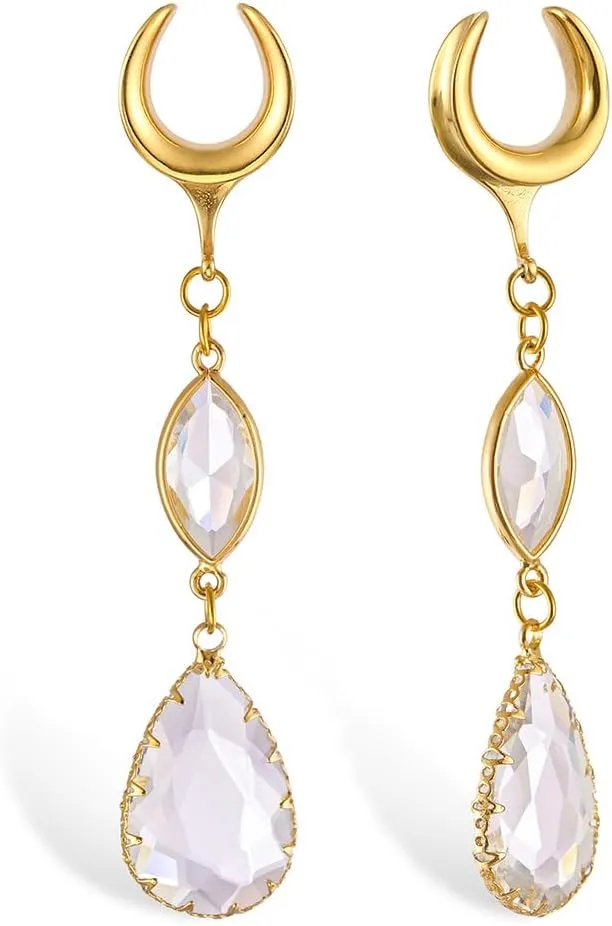 1 Pair saddle gauges Teardrop Crystal Dangle earrings Ear Tunnels Plugs 316 Stainless Steel Ear Weight Plugs Hypoallergenic expander Piercing Body Jewelry