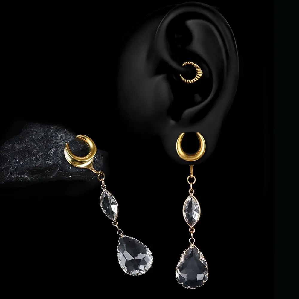 1 Pair saddle gauges Teardrop Crystal Dangle earrings Ear Tunnels Plugs 316 Stainless Steel Ear Weight Plugs Hypoallergenic expander Piercing Body Jewelry