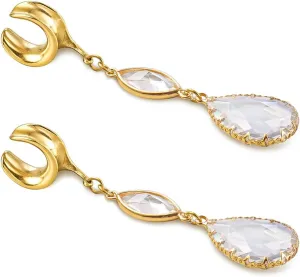 1 Pair saddle gauges Teardrop Crystal Dangle earrings Ear Tunnels Plugs 316 Stainless Steel Ear Weight Plugs Hypoallergenic expander Piercing Body Jewelry