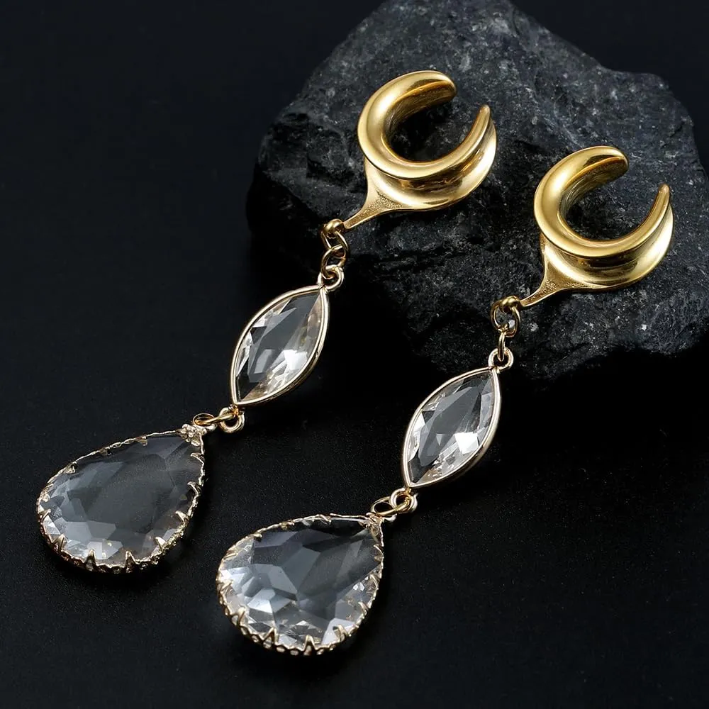 1 Pair saddle gauges Teardrop Crystal Dangle earrings Ear Tunnels Plugs 316 Stainless Steel Ear Weight Plugs Hypoallergenic expander Piercing Body Jewelry
