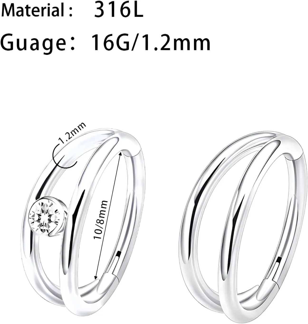 1 PC 16G Silver Diameter 8mm 316L Double Hoop Stainless Steel Hinged Nose Ring Cartilage Earring Septum Rings Daith Tragus Earrings Segment Clicker Lip Piercing Jewelry for Women