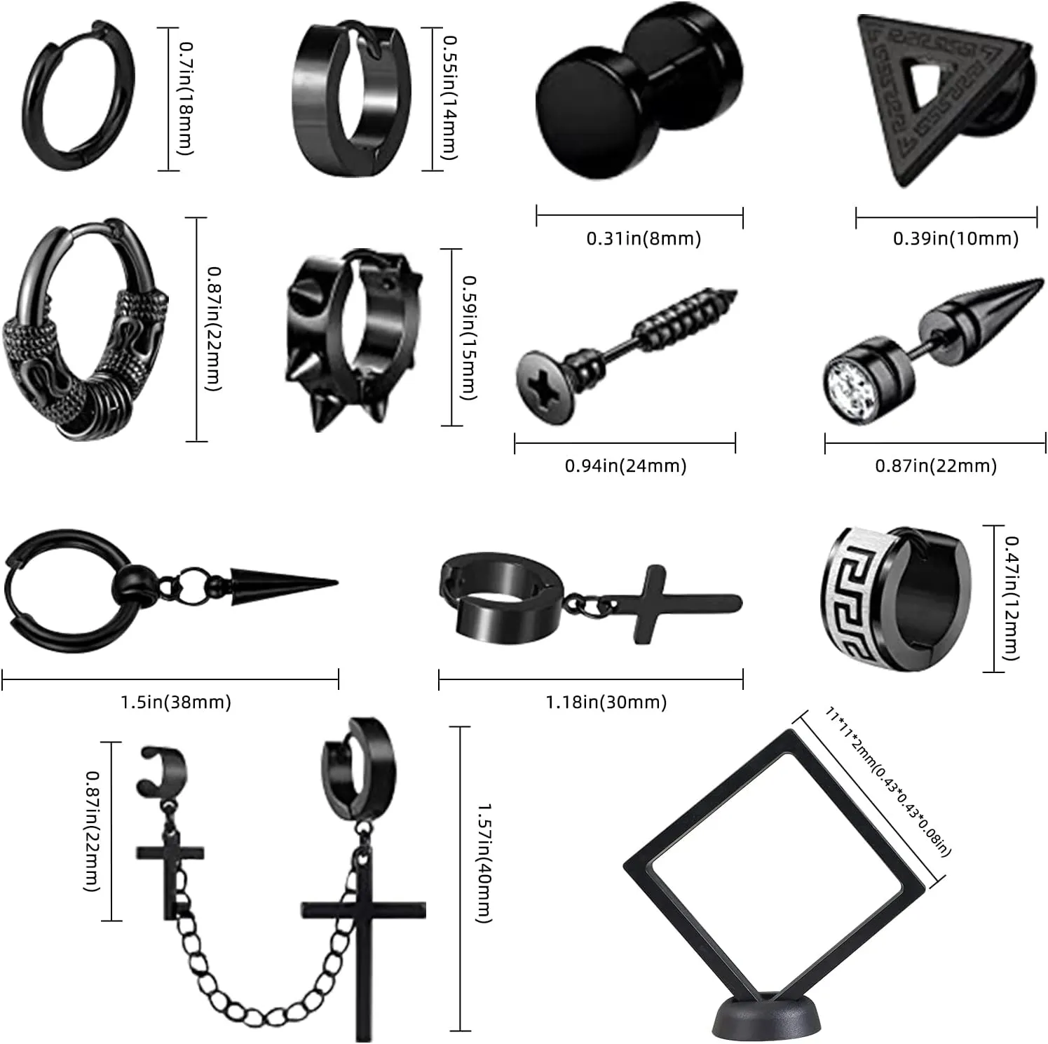 10-12 Pairs Earrings for Men Women, Stainless Steel Black Stud Earrings Set for Boys Girls Gift with Box