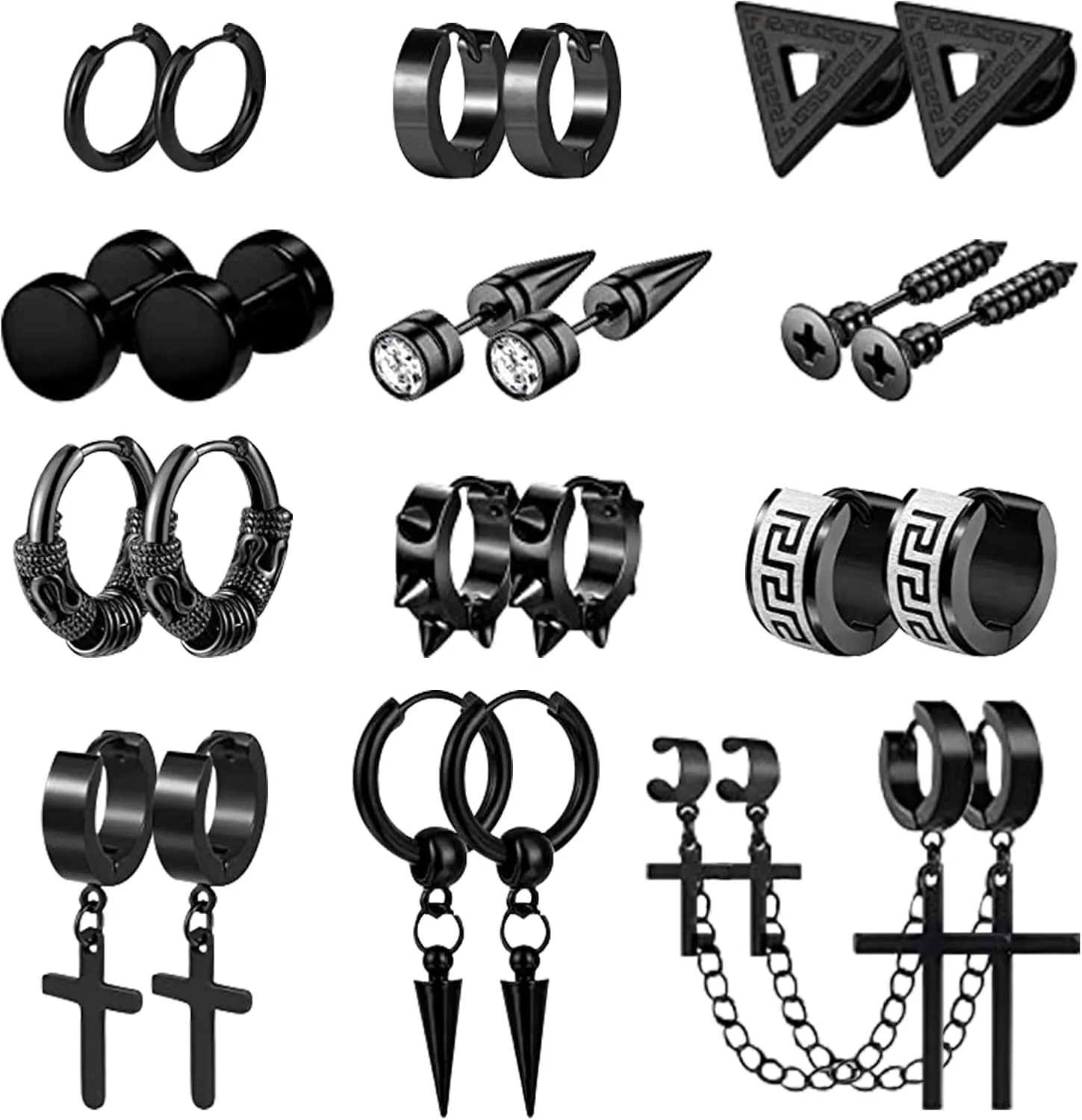10-12 Pairs Earrings for Men Women, Stainless Steel Black Stud Earrings Set for Boys Girls Gift with Box