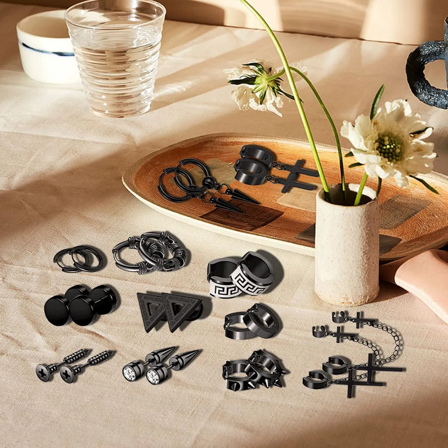 10-12 Pairs Earrings for Men Women, Stainless Steel Black Stud Earrings Set for Boys Girls Gift with Box