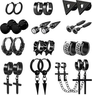10-12 Pairs Earrings for Men Women, Stainless Steel Black Stud Earrings Set for Boys Girls Gift with Box