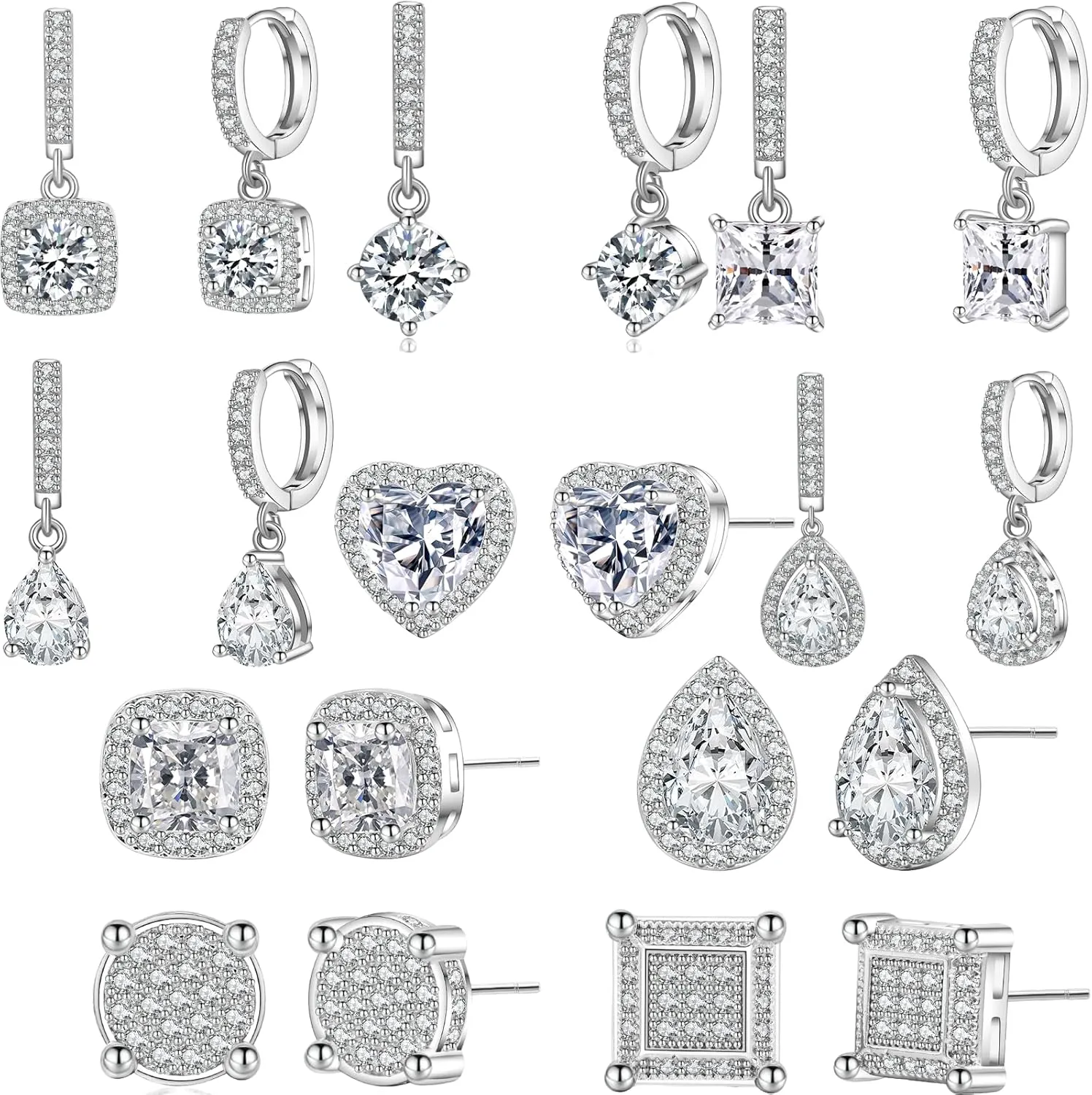 10 Pairs Cubic Zirconia Earrings Studs dangle earrings silver earring set 925 Sterling Silver Earring for Women Men teardrop earrings for women heart earrings