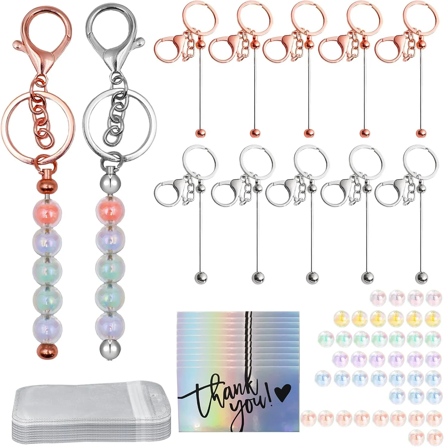 10 Pcs Beadable Keychains Bars, Beaded Keychain Bulk Kit(10 Gift Bags 10 Gift Cards), Keychain Making Kit for DIY Beads Crafts