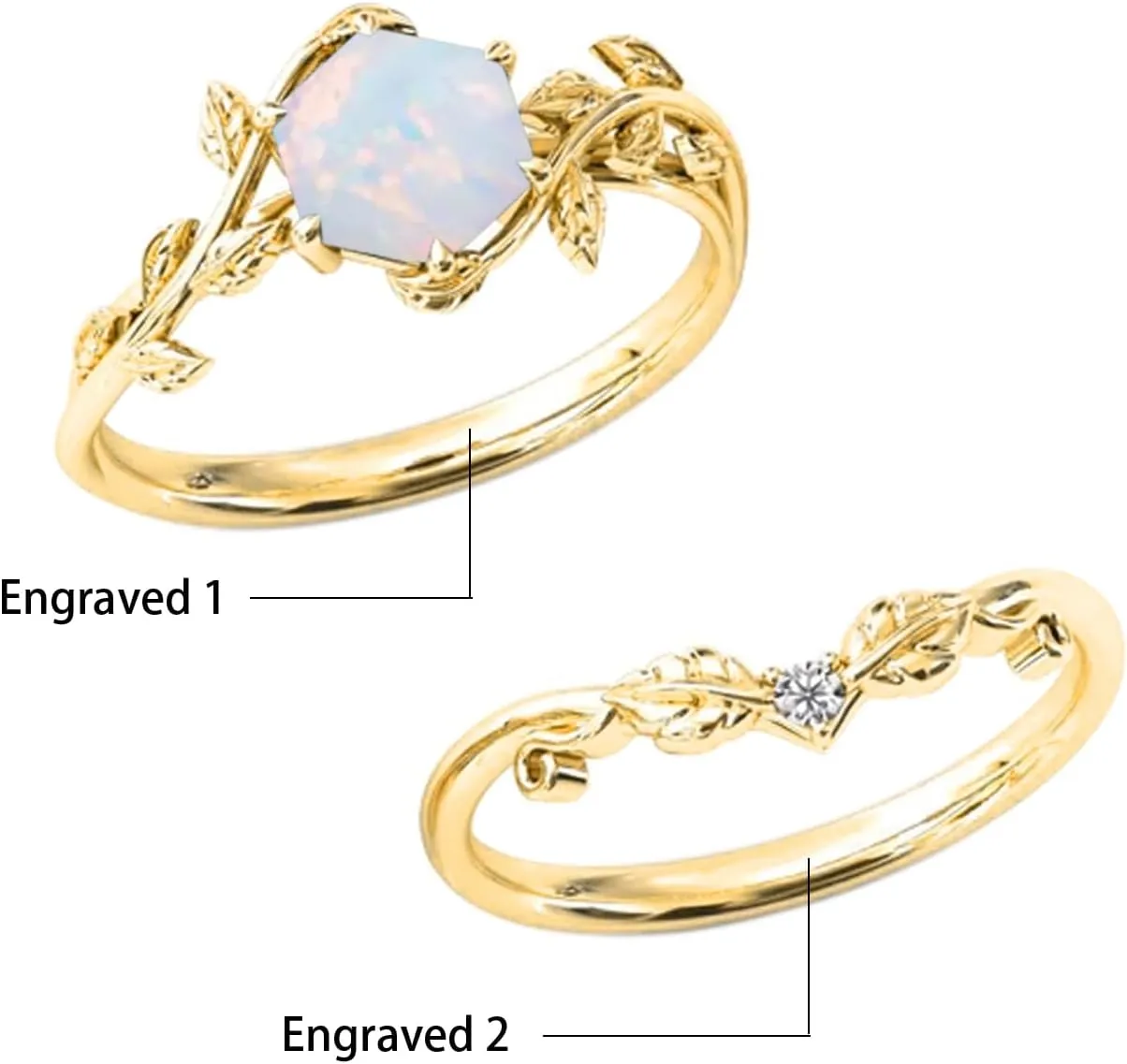 10K 14K 18K Solid Gold Natural Diamond Hexagon Vintage Gemstone Engagement Ring Set Leaf Art Deco Ring Set Hexagon Cut Unique Vine Gemstone Bridal Wedding Ring Set 4~12