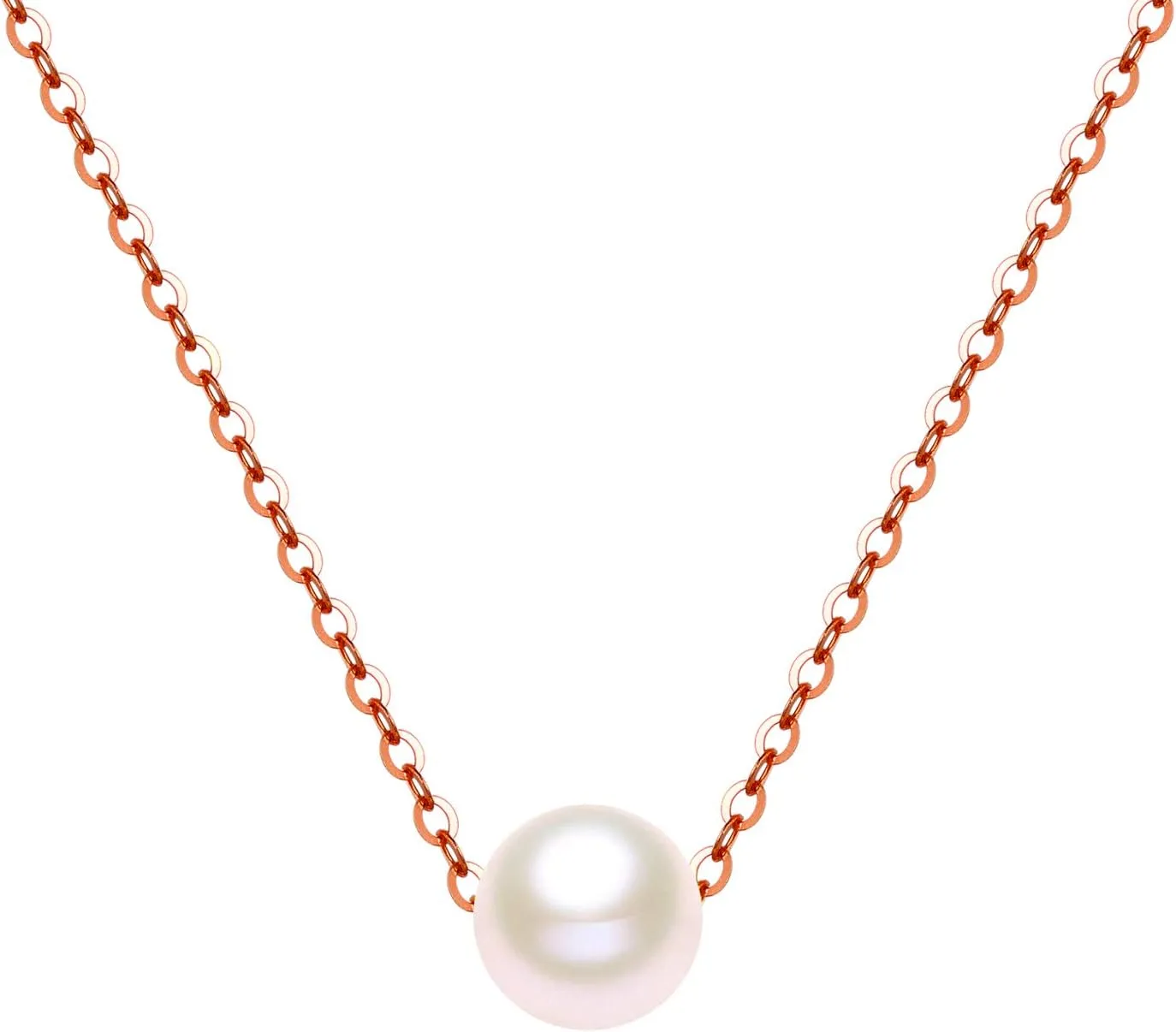 10K Real Yellow Gold Pearl Necklace, Real White Freshwater Cultured Pearl Pendant Necklace, 8mm Dainty Adjustable Single Floating Pearl Choker Necklace for Women, Girls 18 Inch