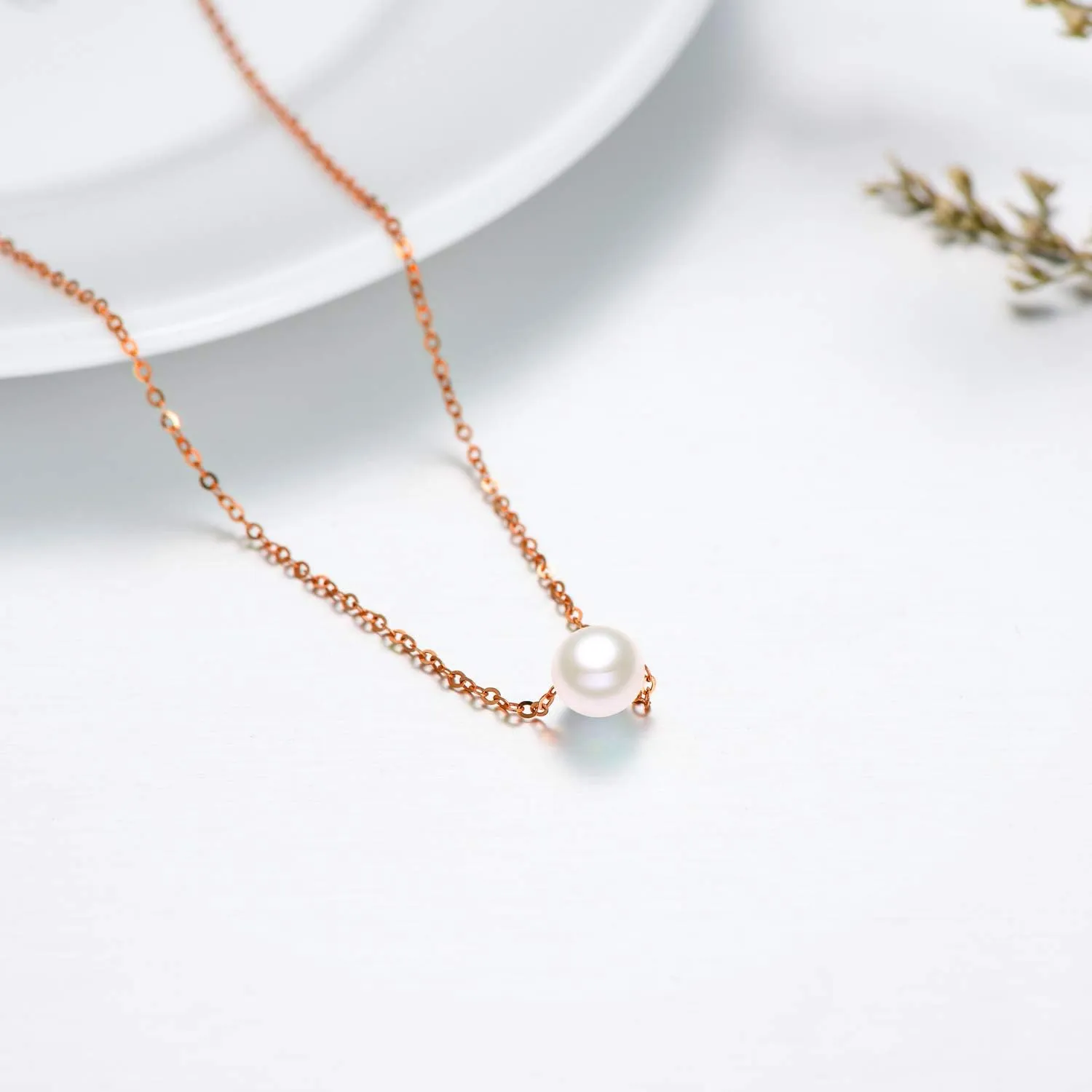 10K Real Yellow Gold Pearl Necklace, Real White Freshwater Cultured Pearl Pendant Necklace, 8mm Dainty Adjustable Single Floating Pearl Choker Necklace for Women, Girls 18 Inch