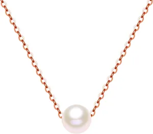 10K Real Yellow Gold Pearl Necklace, Real White Freshwater Cultured Pearl Pendant Necklace, 8mm Dainty Adjustable Single Floating Pearl Choker Necklace for Women, Girls 18 Inch