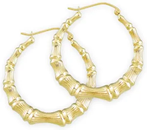 10k Yellow Gold Round Bamboo Hoop Earrings 1.2 Inches