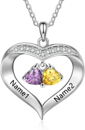 10K/14K/18K Gold Real Diamond Personalized Heart Birthstone Mom Necklace 2 Birthstones Custom Engraved 2 Names Necklace Mother's Day Jewelry Gift