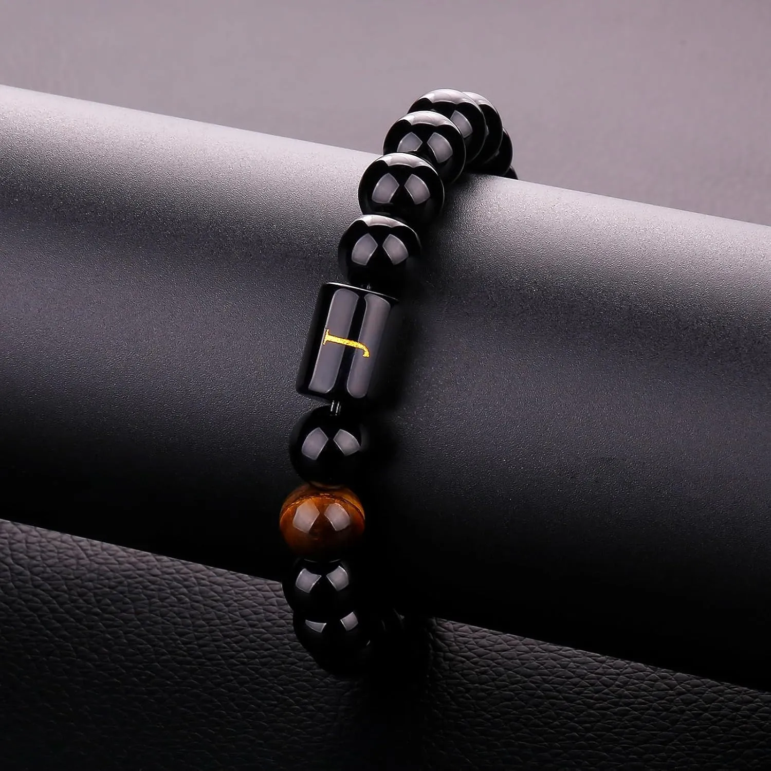 10MM Black Onyx Stone Initial Bracelet for Men Letter Link Handmade Tiger Eye Bead Braided Rope Bracelet Gifts Mens Bracelet (J)