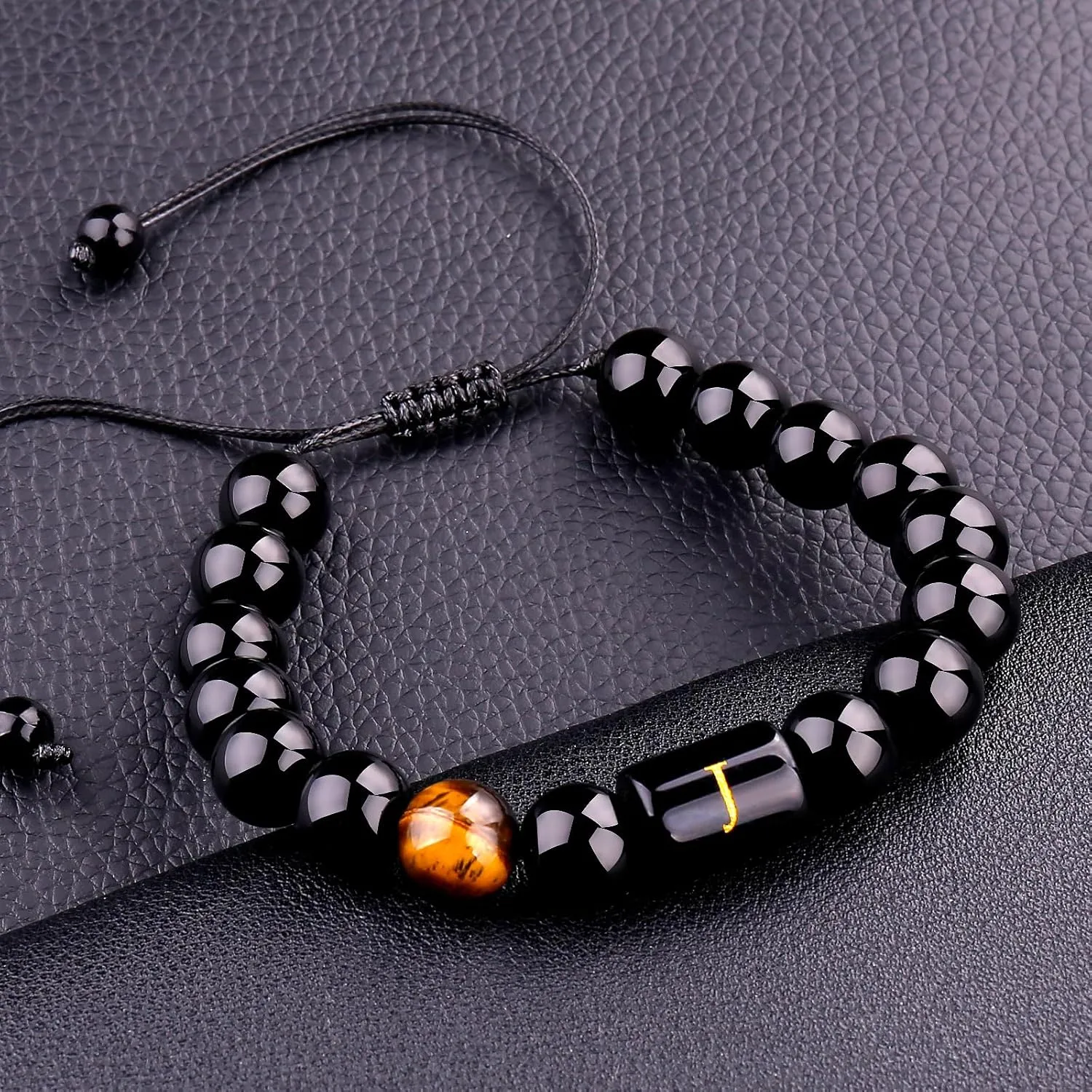 10MM Black Onyx Stone Initial Bracelet for Men Letter Link Handmade Tiger Eye Bead Braided Rope Bracelet Gifts Mens Bracelet (J)