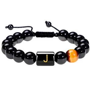 10MM Black Onyx Stone Initial Bracelet for Men Letter Link Handmade Tiger Eye Bead Braided Rope Bracelet Gifts Mens Bracelet (J)