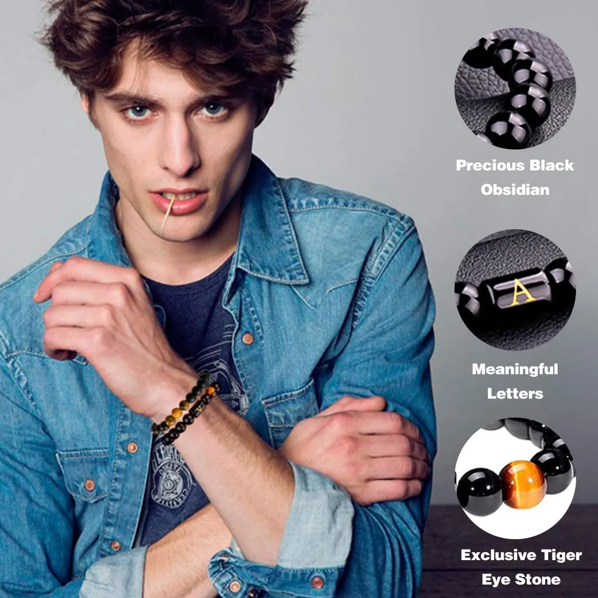 10MM Black Onyx Stone Initial Bracelet for Men Letter Link Handmade Tiger Eye Bead Braided Rope Bracelet Gifts Mens Bracelet (J)