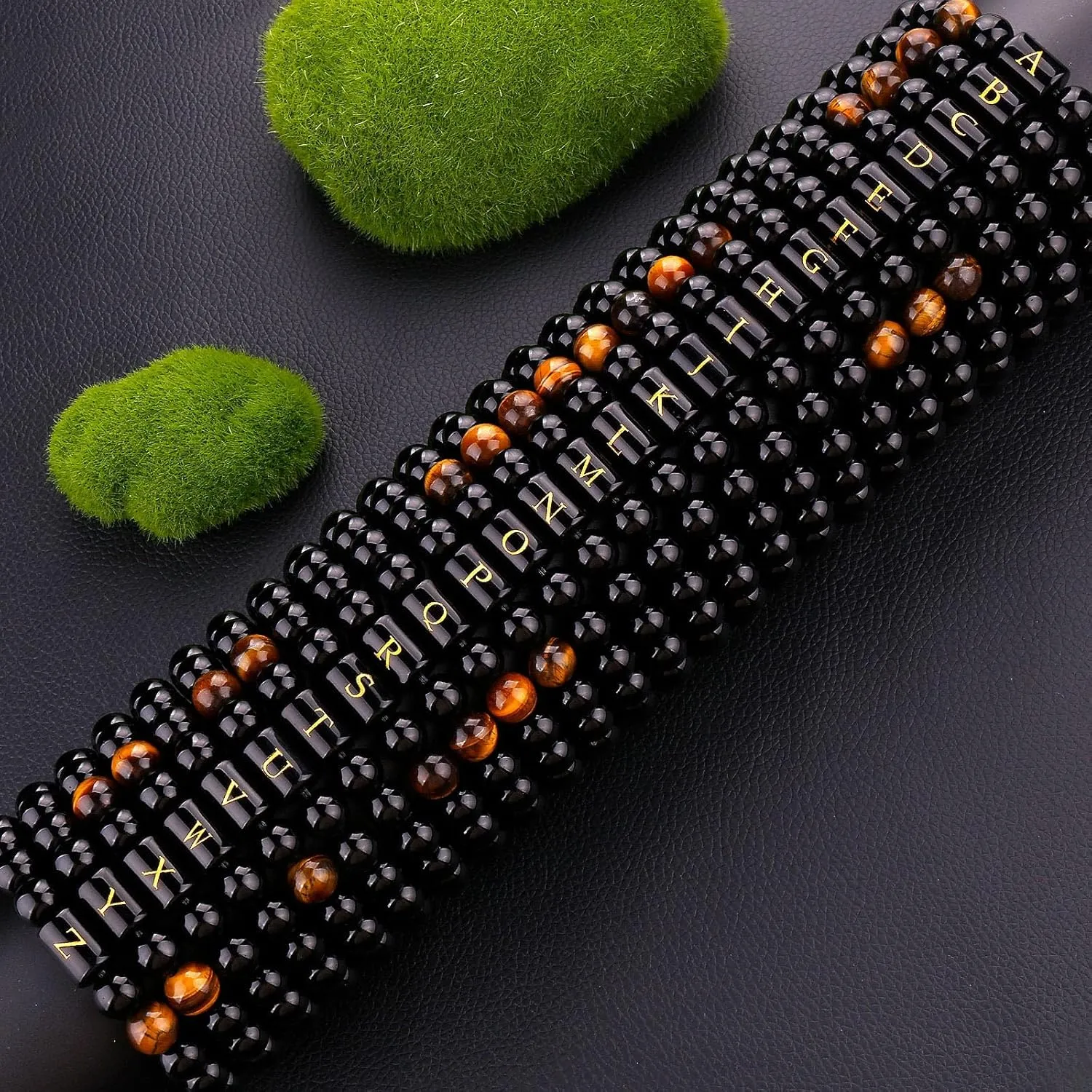 10MM Black Onyx Stone Initial Bracelet for Men Letter Link Handmade Tiger Eye Bead Braided Rope Bracelet Gifts Mens Bracelet (J)