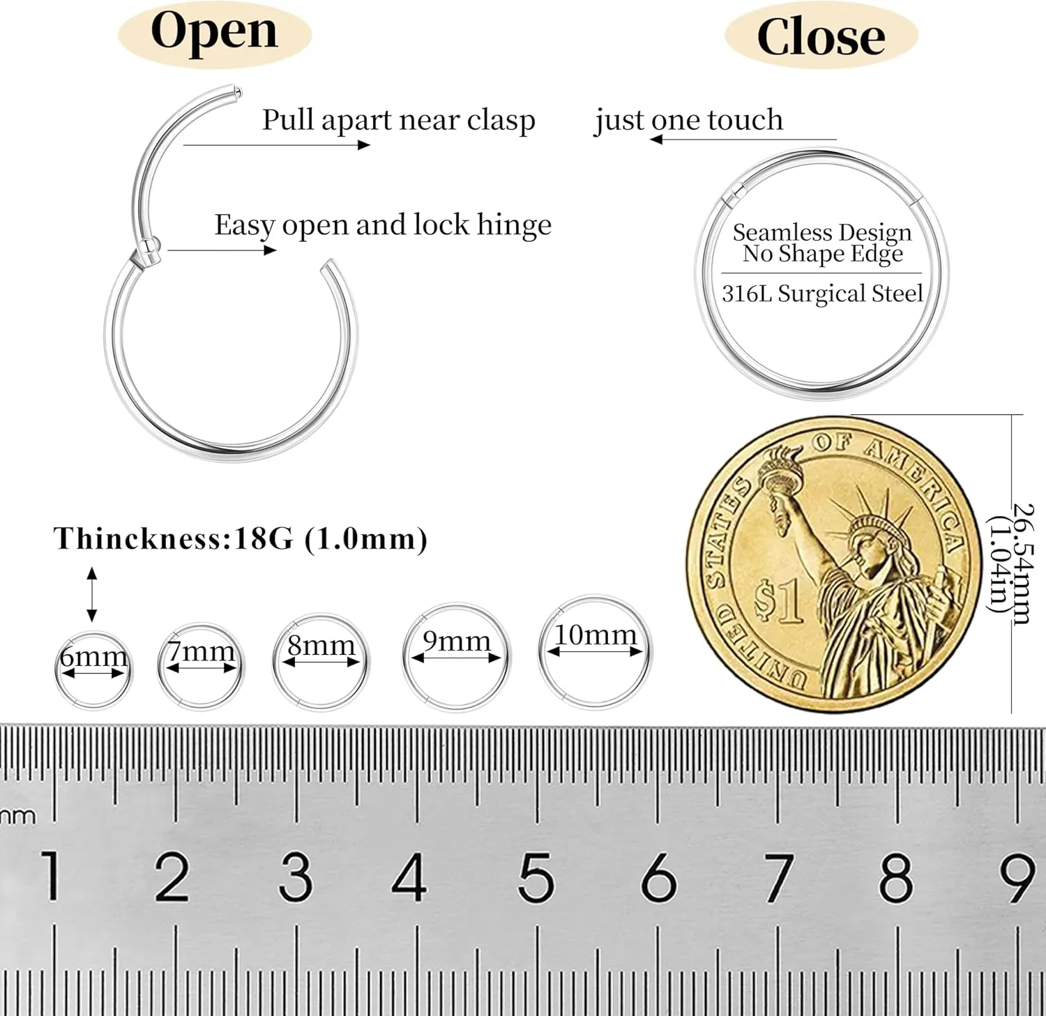10Pcs 18G 20G Surgical Steel Nose Rings Hoops for Women Men Hinged Seamless Clicker Nose Hoops Cartilage Helix Tragus Daith Sleeper Earrings Hoop Hypoallergenic Nose Piercing 6/7/8/9/10MM