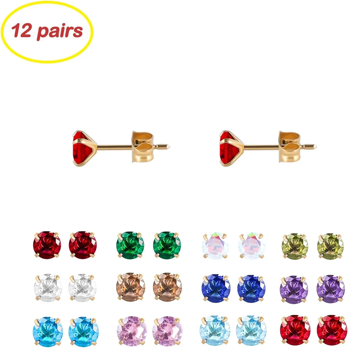 12 Pairs Surgical Stainless Steel Birthstone Cubic Zirconia Stud Earrings, Gold Plated Round Star Heart Square Princess Cut CZ Stud Earrings Set