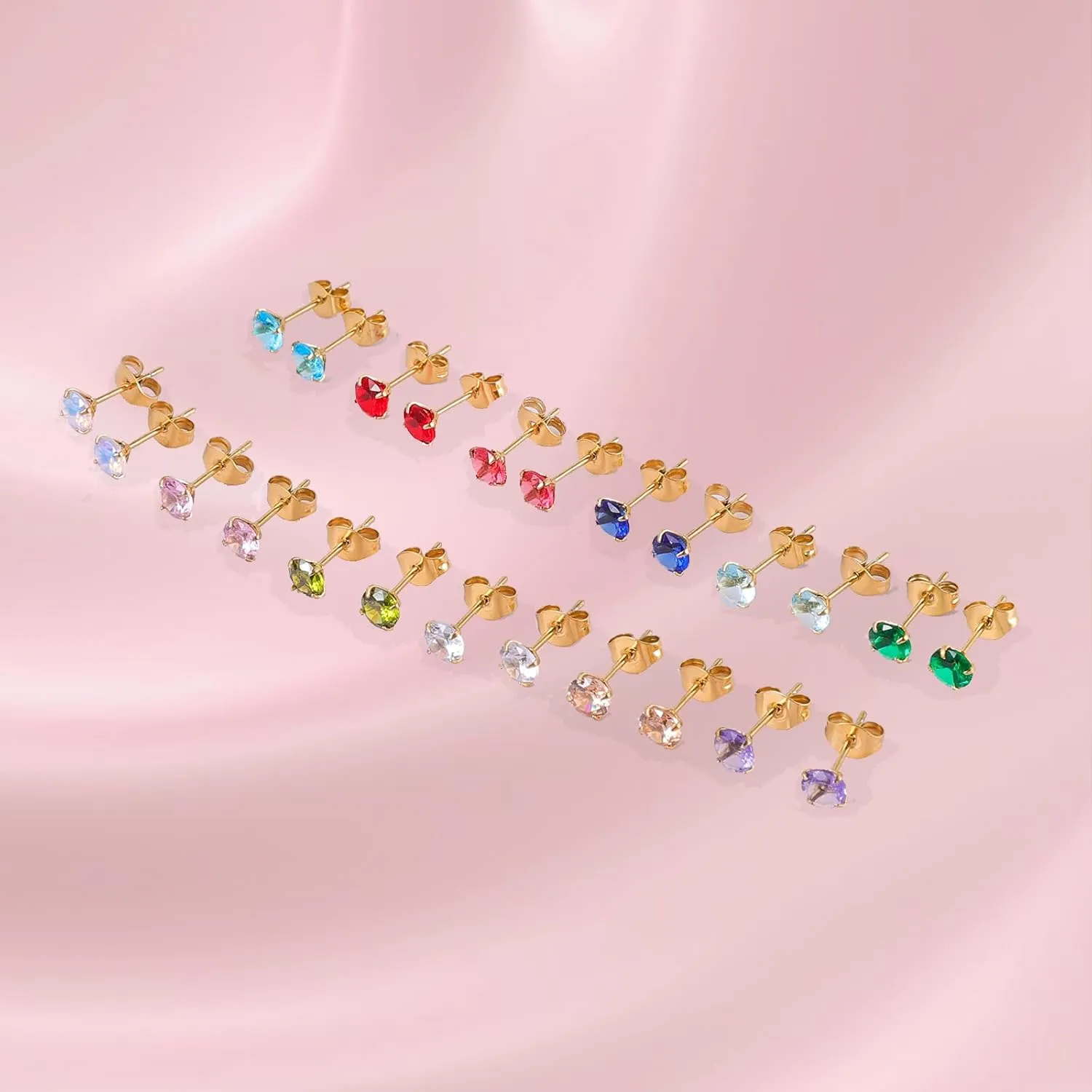 12 Pairs Surgical Stainless Steel Birthstone Cubic Zirconia Stud Earrings, Gold Plated Round Star Heart Square Princess Cut CZ Stud Earrings Set