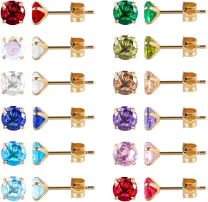 12 Pairs Surgical Stainless Steel Birthstone Cubic Zirconia Stud Earrings, Gold Plated Round Star Heart Square Princess Cut CZ Stud Earrings Set