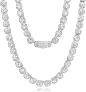 12mm Tennis Chain for Men Women Necklace White Gold Plated Clustered Iced Out Cuban Link Choker, 5A  CZ Diamond Hip Hop Jewelry Birthday Christmas Wedding Gift (with Box & Pouch)
