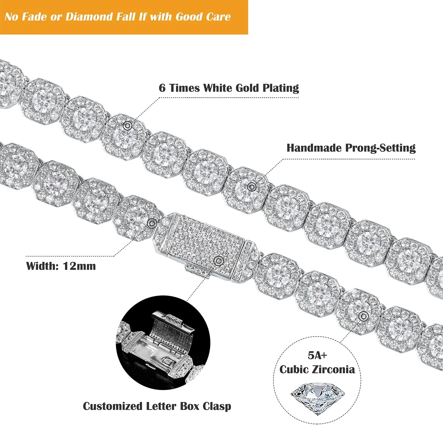 12mm Tennis Chain for Men Women Necklace White Gold Plated Clustered Iced Out Cuban Link Choker, 5A  CZ Diamond Hip Hop Jewelry Birthday Christmas Wedding Gift (with Box & Pouch)