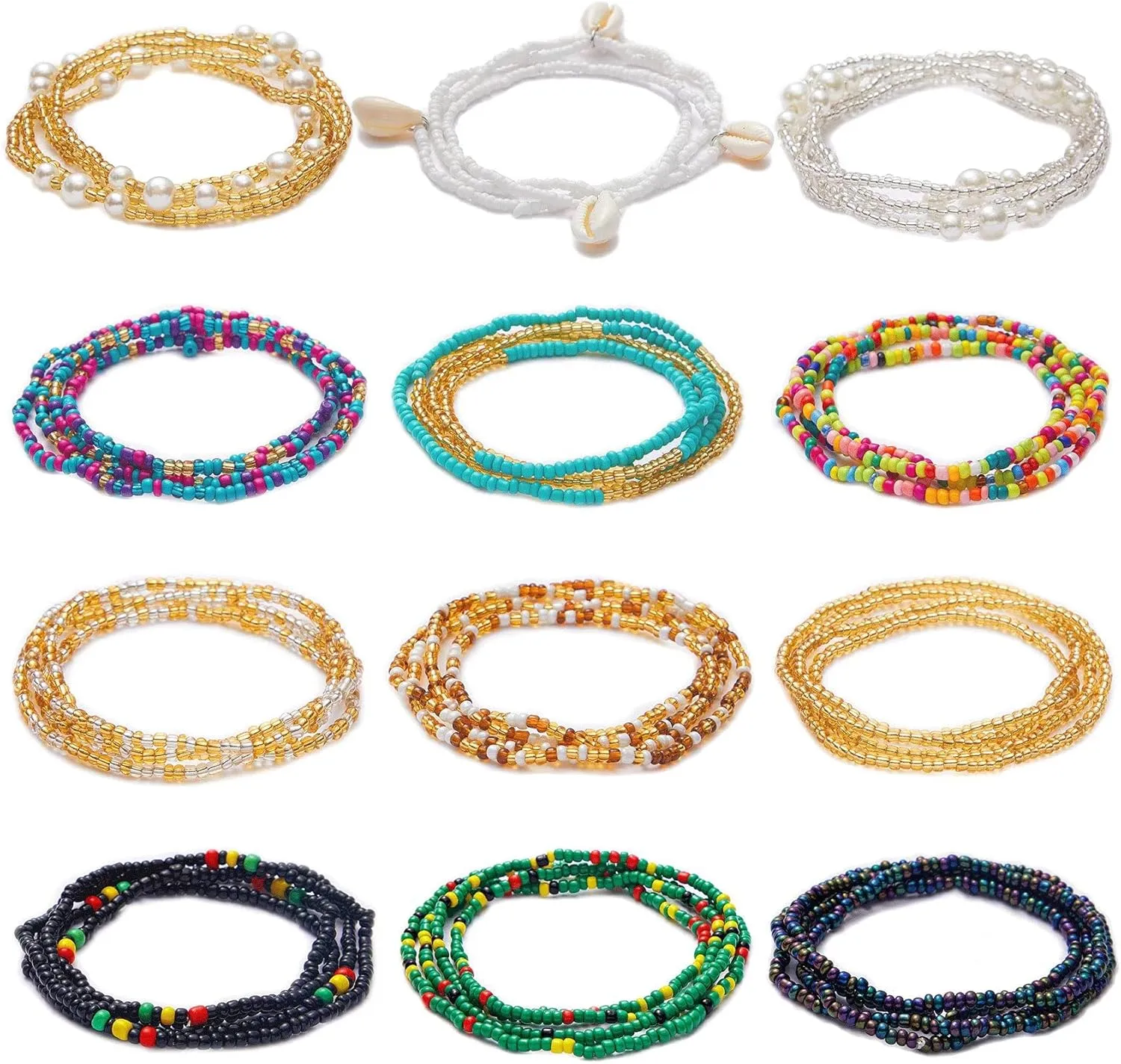 12PCS 24-70 Inches Plus Size Waist Beads Chains for Women Handmade African Belly Beads Layered Body Chain Beach Bikini Jewelry